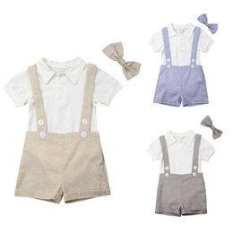 Kledingsets Fashion Baby Boy Summer Cleren Outfits Infant Baby Boy Gentleman Suit Bow Tie Shirt Suspenders Shorts Broek Comfy Outfit Set Z0321