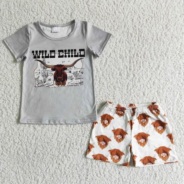 Ensembles de vêtements Fashion Baby Boy Boy Wild Child Grey Yak Shorts à manches courtes Suit Red Leopard Print Set Wholesale Boutique Children Vêtements