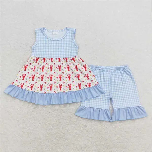 Conjuntos de ropa Fashion Baby Baby Boys Crayfish Corn Pocket Blue Manga corta Shorts Blancos Traje al por mayor Boutique para niños