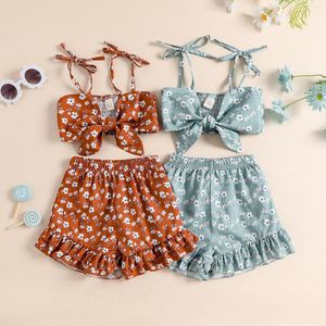 Ensembles de vêtements Mode Bébé Fille Vêtements D'été Deux Pièces Tenue Arc Fleur Motif Bretelles Réglables Débardeurs À Volants Shorts