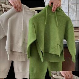 Ensembles de vêtements Mode bébé fille pull tricoté vêtements ensemble hiver automne enfant en bas âge enfant à capuche pantalon à jambes larges 2 pièces 1-10 ans livraison directe Dhlwn