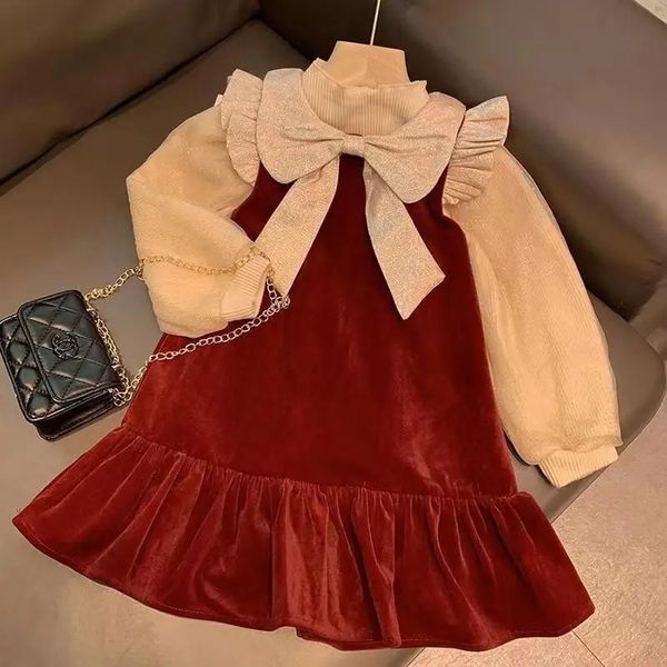 Vêtements Ensembles Mode Bébé Fille Princesse Velours Débardeur Robe Ensemble Automne Hiver Enfant Bowknot Cou Robe En Dentelle Chemise 2PCS Vêtements 2 10Y 231207