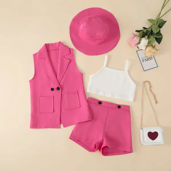 Ensembles de vêtements Mode Bébé Fille Costume Jarretelle Blazer Short Sans Manches Top Chapeau 4PCS Enfant Papillon Gaze Jupe Couleur Unie 1-14Y