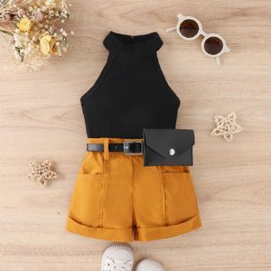 Ensembles de vêtements Mode Bébé Filles Vêtements Noir Gilet Jaune Short Taille Sac Trois Pièces Toddler Enfants Vêtements Ensemble D'été Enfants Costumes W230210