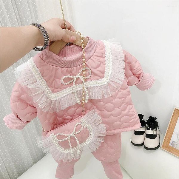 Ensembles de vêtements Mode Bébé Filles Perles Perles Dentelle Pull Manteaux Manteaux Pantalon 2pcs Automne Hiver Enfants Enfants Chaud Snowsuit