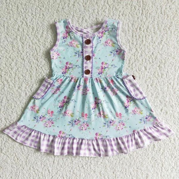 Vêtements Ensembles mode Baby Girls Sans manches en manches pourpre Poche Pocket Button Fleur jupe en gros Boutique Enfants Robe