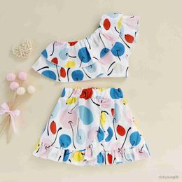 Kleding Sets Mode Baby Kids Meisjes Zomer One-shoulder Verstoorde Vest met A-lijn Rok Fruit Print Outfit