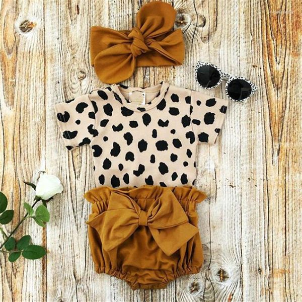 Conjuntos de ropa Moda Born Toddler Baby Girls Ropa Estampado de leopardo Manga corta Romper Tops Bow Shorts Diadema 3pcs Outfit Set