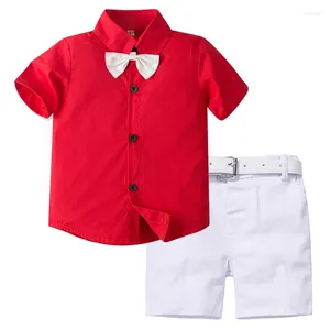 Ensembles de vêtements Mode Garçons Ensemble Été Enfants Mariage Costume Costume Costume Rouge Chemise À Manches Courtes Pantalon Blanc Enfants Avec Ceinture 1-6 ans