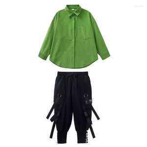 Conjuntos de ropa Moda Boys Street Dance Traje de jazz Trajes de hip hop para niñas Blusas verdes y pantalones de jogger negros Ropa deportiva Ropa deportiva