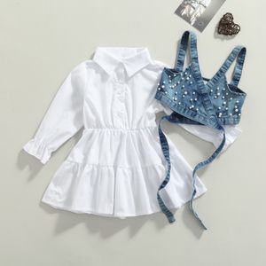 Kleding Sets Mode Kinderen Baby Meisje Kleding Effen Kleur Lange Mouw Jurk Denim Kralen Vest 2 Stuks Outfits Kleding 230809