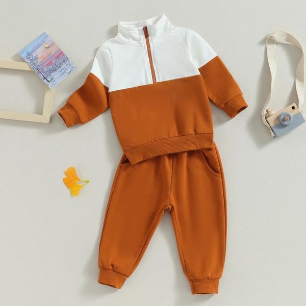 Conjuntos de ropa Moda Niños Niñas Niños Chándal Niños Ropa de otoño Contraste Color Manga larga Media cremallera Tops Pantalones 2 piezas Traje infantil