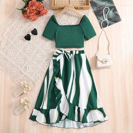 Vêtements Ensemble à mode pour 8-12ys Robe de fille Summer Girls Green Top Retro Stripe Jirt Two Piece Set Holiday Vacation Daily Casuds