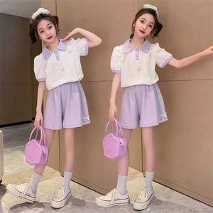 Kledingsets Fashion Girl Clothing Set 2024 Summer Childrens School Short Sleved T-Shirt+Shorts 2pcs Childrens Clothing 6 8 10 12 14 jaar oud Q240517