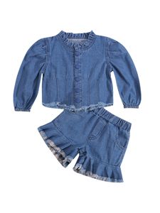 Ensembles de vêtements mode filles printemps automne vêtements Denim tenue 2 pièces solide à manches longues chemise hauts Shorts enfant 230802