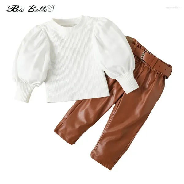 Ensembles de vêtements Fashion Girls Spring Automne Puff Sleeve White Coat Pant Pant en cuir avec ceinture 2pcs Set Kids Casual Clothes Suit pour 1-6Y