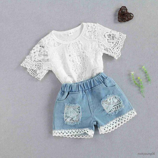 Conjuntos de ropa de moda para bebés recién nacidos, ropa de verano para niñas, Top de flores blancas y pantalones cortos de mezclilla elásticos, trajes de 2 uds.