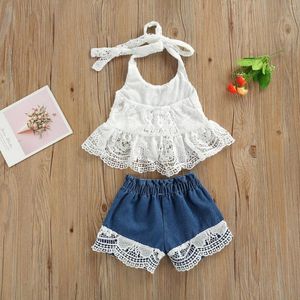 Ensembles de vêtements mode enfants bébé filles vêtements d'été sans manches licou dentelle Crochet débardeurs déchiré Denim Shorts fille