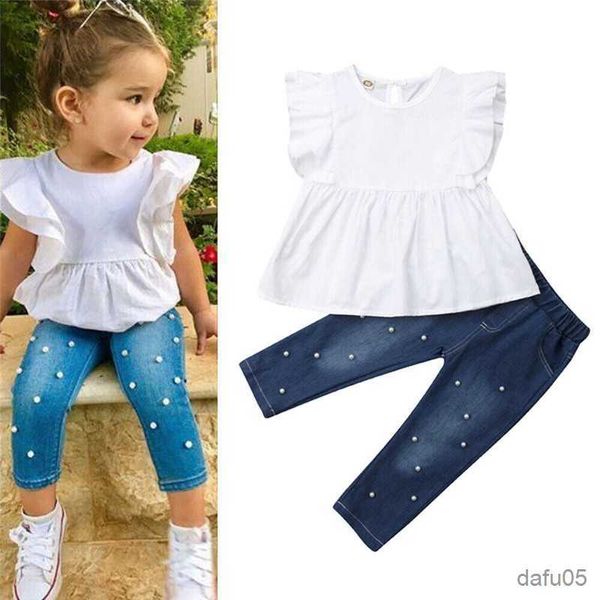 Conjuntos de ropa Fashion Kids Girl Ropss Sets Top Top Dress Pearl Denim Pantalones Jeans Capelales de ropa de verano R230815