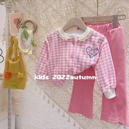 Kledingsets Fashion Kids Girls Kleding Autumn Koreaans kant Oneck met één borsten geruite vidden Coidspants 2 stks kinderen 18y 230512