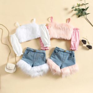 Ensembles de vêtements Mode Enfants Filles Vêtements Ensemble En Peluche Patchwork À Manches Longues Hors Épaule Hauts Denim Shorts 2 pièces Costume Pour Enfants