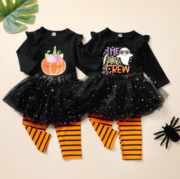 Conjuntos de ropa de moda para niños y niñas, conjunto de ropa de Halloween, jersey de cuello redondo negro, camiseta, mallas, falda de hilo, ropa de disfraz para bebé