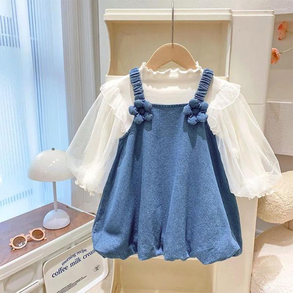 Conjuntos de ropa Moda Niños Niñas Patchwork Malla Puff Manga Camisa inferior blanca Apliques florales Vestido de tirantes Ropa para niños