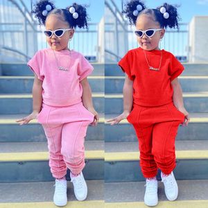 Ensembles de vêtements Mode Enfants Petites Filles Vêtements 2 Pièces Ensembles Coton T-shirt Décontracté SolideTaille Élastique Pantalon Jeunes Enfants Tenues 1-6Y 230711