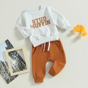 Kledingsets Fashion Letter Print Baby Outfit Kids Girls Boy Deset Set lange mouw sweatshirt elastische broek voor het voorjaar van de baby