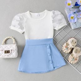 Kleding sets mode kleine meisjes zomerkleding bloemen mesh korte bladermouw t shirts met mini a-line rok