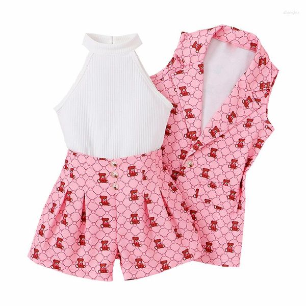 Ensembles de vêtements Mode Rose Fille Vêtements Ensemble 3pcs Filles Costumes T-shirt Débardeur Shorts Veste Gilet Enfant Tenues Enfants Boutique Ours