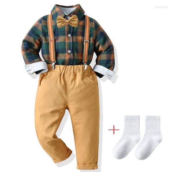 Ensembles de vêtements mode Plaid bébé garçon Gentleman costume chemise avec noeud papillon jarretelle pantalon fête d'anniversaire beaux enfants garçons