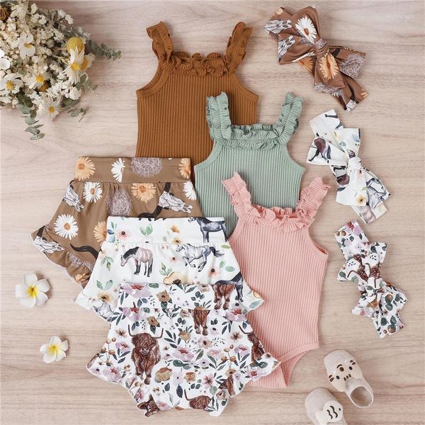 Ensembles de vêtements mode été né bébé fille ensemble de vêtements sans manches barboteuse hauts taureau imprimer pantalons courts bandeau infantile 3 pièces tenues