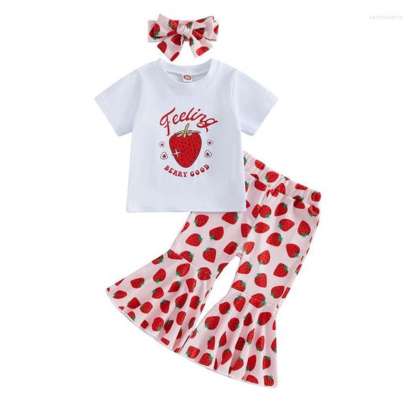 Ensembles de vêtements mode été enfant en bas âge enfant filles vêtements tenues à manches courtes fraise imprimé t-shirts hauts pantalon évasé bandeau ensemble