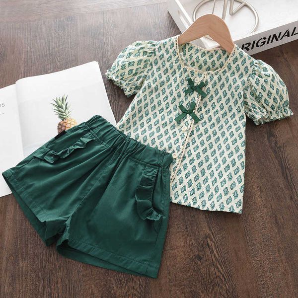 Conjuntos de ropa Moda para niños pequeños Bebés Niños Verano Ropa avanzada Flor Sin mangas Cintura alta Tops verdes Pantalones cortos Conjunto Conjunto PCS Y Traje