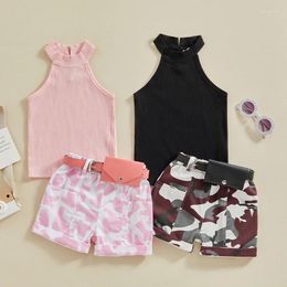 Vêtements Ensemble à mode pour enfants pour enfants Baby Girls Vêtements Solid Ribbed Shevelk Tanks Tops Camouflage Shorts avec Belt Bag 3PCS