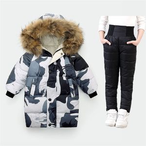Kledingsets Fashion Winter Boys Girls Down Jacket Warm Midi Coat broek 2 stks Baby Kinderkleding Unisex Furry Hood 221107