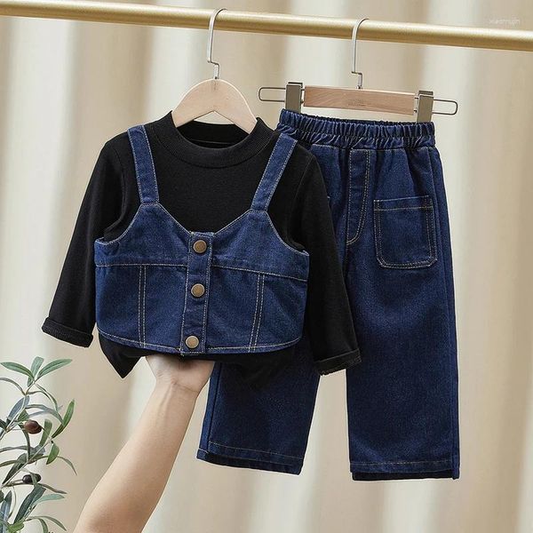 Ensembles de vêtements à la mode bébé filles denim costume printemps 2023 style coréen col rond t-shirts bretelles pantalons à jambes larges mignon 3pcs ensemble