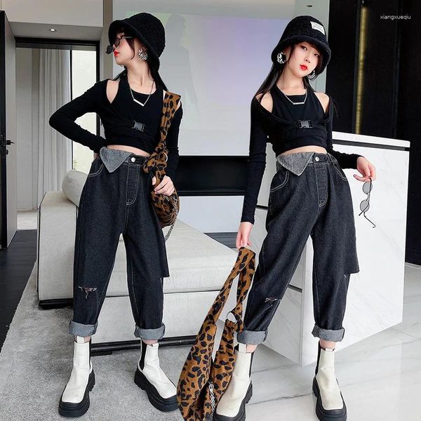 Ensembles de vêtements À la mode Kid Girl Vêtements T-shirt à manches longues Ripped Hole Jeans Outfit Chic Slim Black Tops Pantalons 2PCS pour les filles Hip Hop