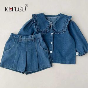 Kledingsets Fashionable Ldrens Set Denim Top+Jeans Short Koreaanse versie Girl Casual Sports Tweedelig 0-6-jarige doek H240530