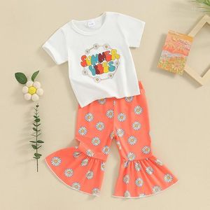 Conjuntos de ropa Flawbena Niño Bebé Niña Trajes de Pascua Camiseta de manga corta con estampado de letras Conejito Pantalones con parte inferior de campana Ropa de verano para niños