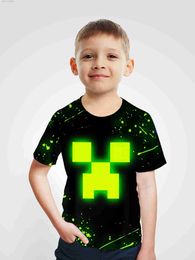 Conjuntos de ropa Fluorescent Building Block Puppet 3d Print Boys Camiseta Niños Casco de manga corta Cuello Top Top Summer Daily Top T240415
