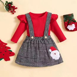 Ensembles de vêtements Focusnorm 0-18m Automne Baby Girls Christmas Vêtements 2pcs Rib Rompers Santa Santa Brodery Houndstooth Suspender Jirts