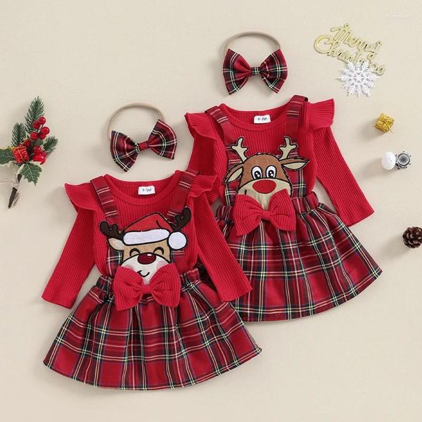 Conjuntos de ropa FOCUSNORM 0-18M Otoño Bebé Niñas Ropa de Navidad 3 unids Manga larga Volantes Acanalado Mameluco Plaid Suspender Falda Diadema