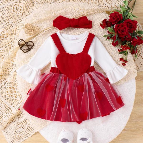 Conjuntos de ropa FOCUSNORM 0-18M Infant Baby Girls Día de San Valentín 3 piezas Ropa Manga acampanada Mameluco Corazón Terciopelo Suspender Falda Diadema