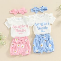 Ensembles de vêtements Focusnorm 0-18M Belle bébé filles vêtements ensemble 3pcs volants manches courtes lettres imprimer barboteuse fleur shorts avec bandeau