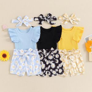 Ensembles de vêtements Focusnorm 0-18m Belle petite fille 3pcs Vêtements Ruffles Sleeve Ribbed Raiper Sunflowers Shorts avec bandeau de ceinture