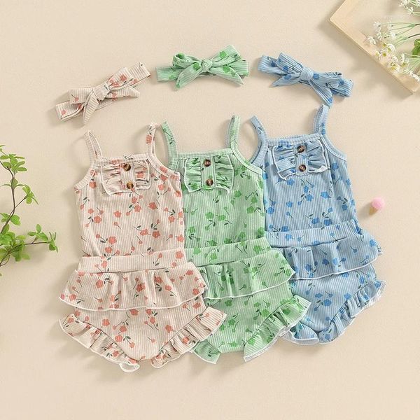 Ensembles de vêtements Focusnorm 0-18m Belle bébé filles 3pcs Vêtements d'été bouton sans manches fleurs avant fleurs imprimé shorts de rompage