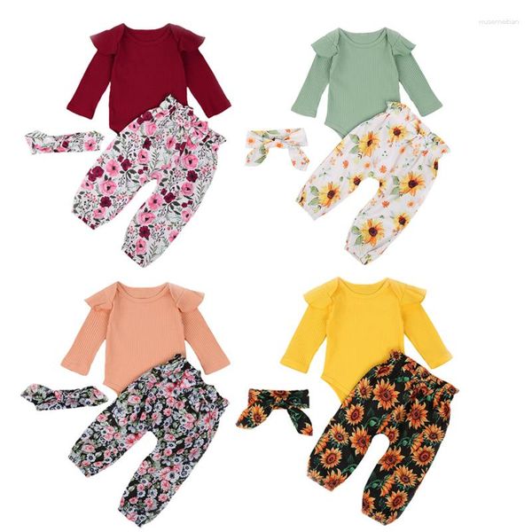 Ensembles de vêtements Focusnorm 0-24M Né bébé garçon fille vêtements volants manches longues barboteuse hauts pantalon floral bandeau 3 pièces