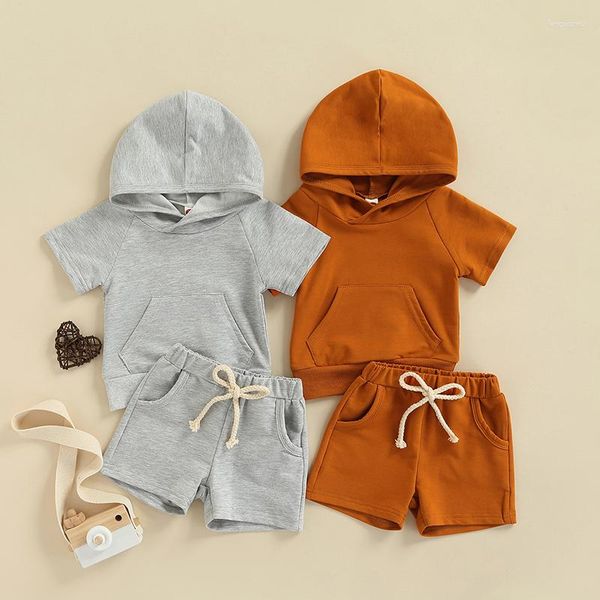 Conjuntos de ropa FOCUSNORM 0-24M Infant Baby Boys Casual Summer 2pcs Ropa Color sólido Con capucha Manga corta Bolsillo Tops Pantalones cortos